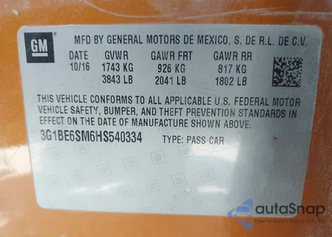 2017 Chevrolet Cruze Lt Auto z USA, uszkodzony, nr VIN 3G1BE6SM6HS540334